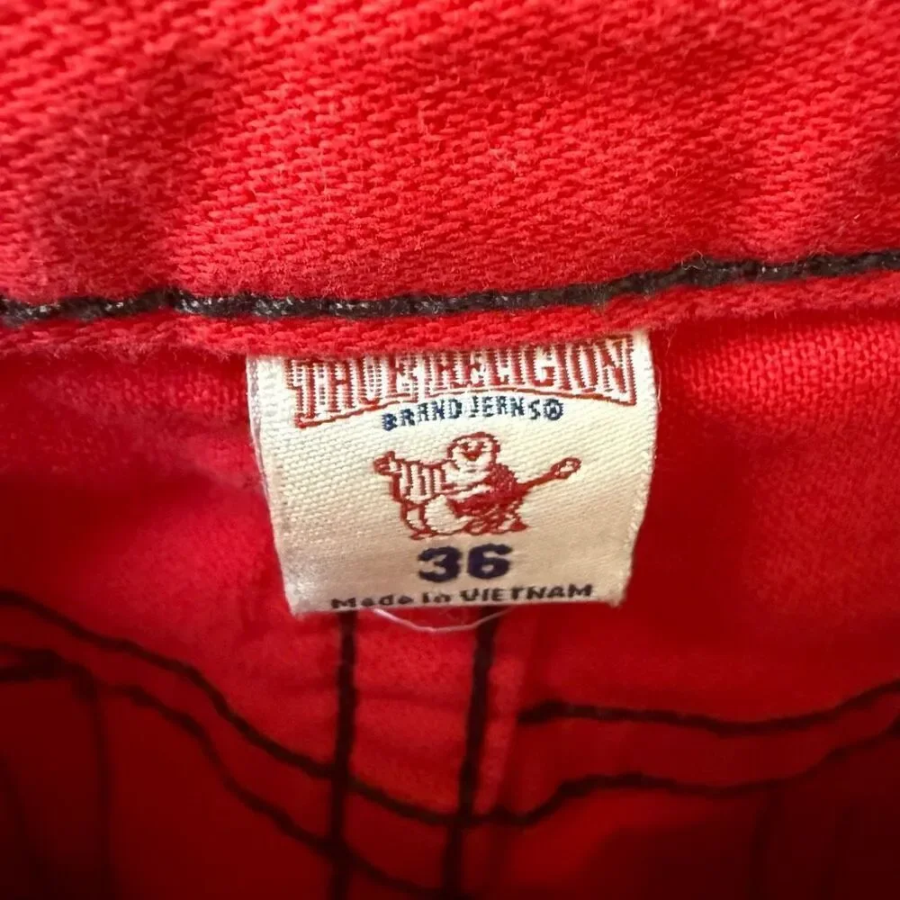 NWOT True Religion Rocco Active Moto Denim Jeans Cho Red Black Stitching $229 36